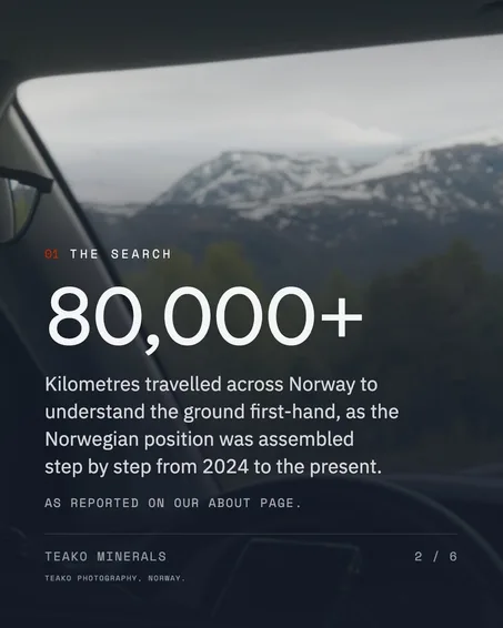 Exploration happens in someone’s municipality, page 2: “80,000+” kilometres travelled across Norway, the snow flank through the windscreen