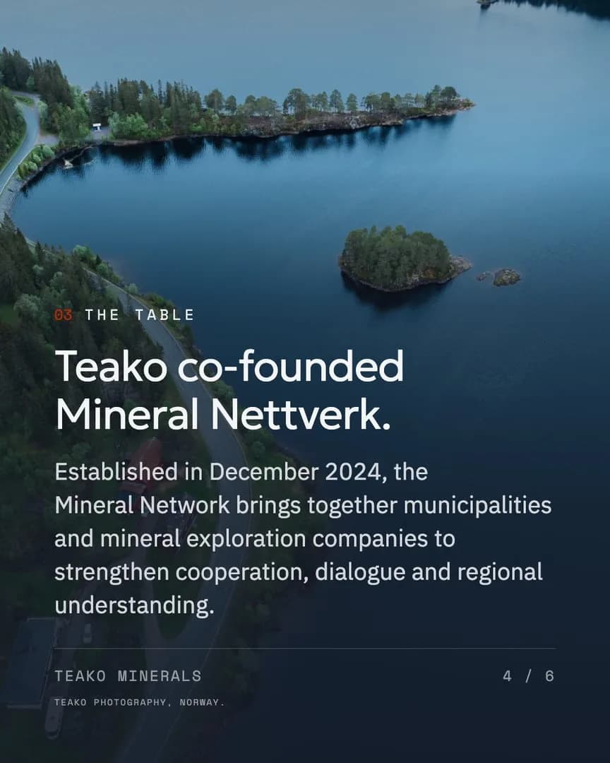 Exploration happens in someone’s municipality, page 4: “Teako co-founded Mineral Nettverk.”, the lake from the air