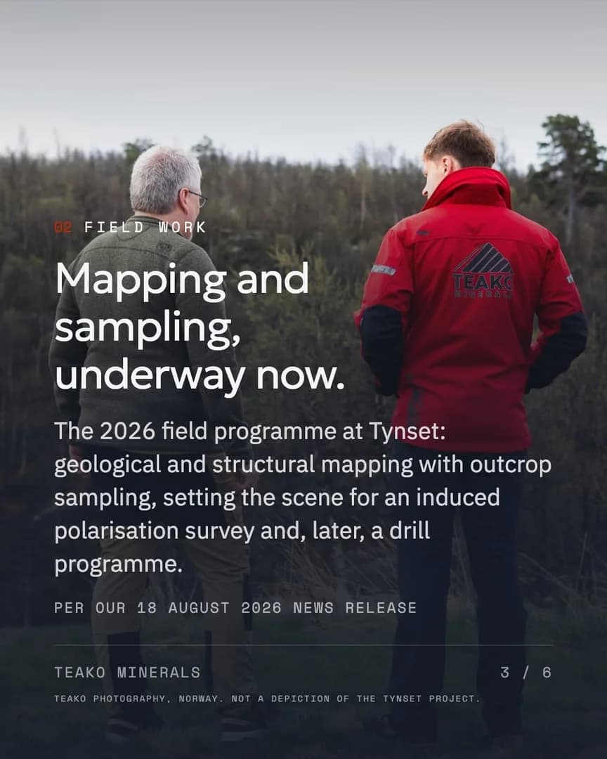 How ground earns a drill hole, page 3: “Mapping and sampling, underway now.”, the geologist in a red jacket