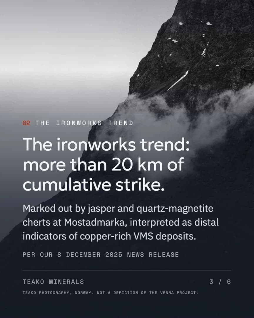 The Venna project, page 3: “The ironworks trend: more than 20 km of cumulative strike.”, the snow flank