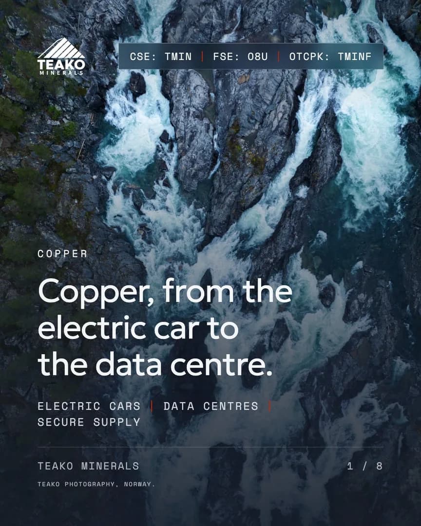 Copper, from the electric car to the data centre, the front cover, white water over rock from the air