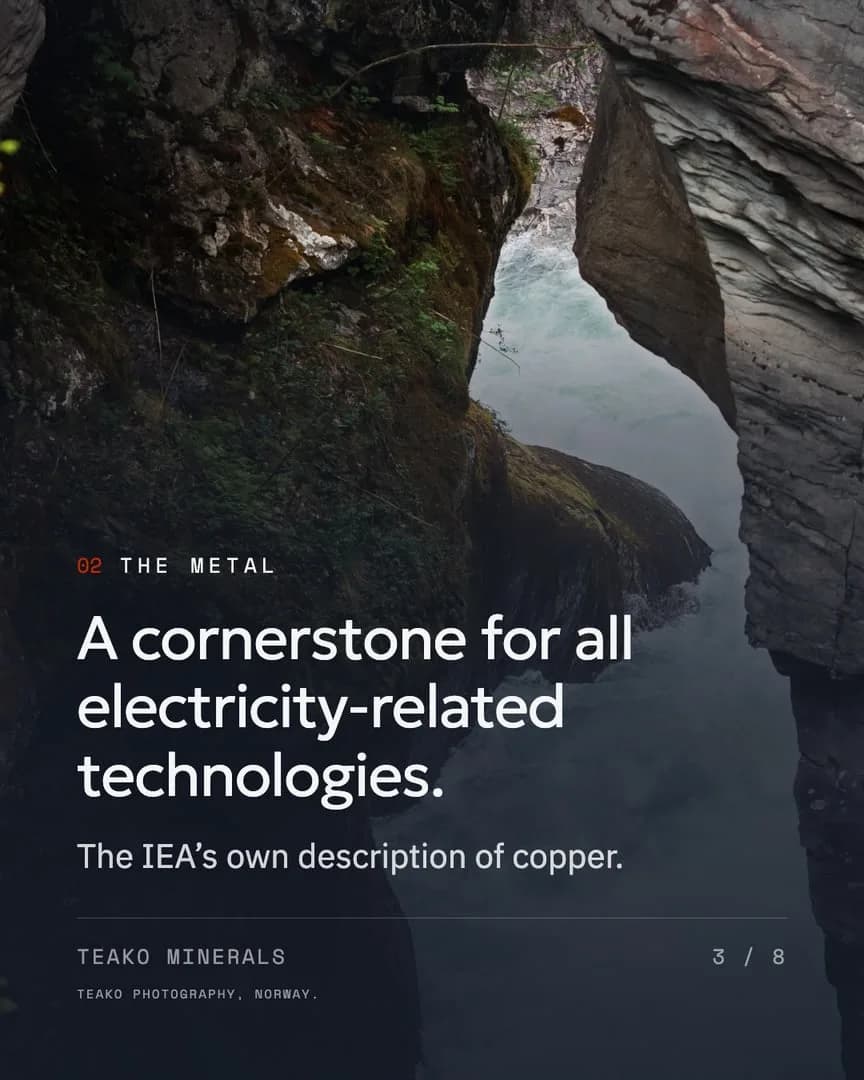 Copper, from the electric car to the data centre, page 3, a text post on the dark ground: “A cornerstone for all electricity-related technologies.”