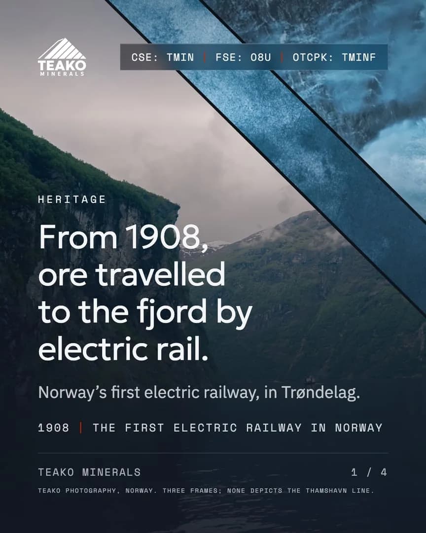 The Thamshavn Line, the front cover: “From 1908, ore travelled to the fjord by electric rail.” over the fjord from above
