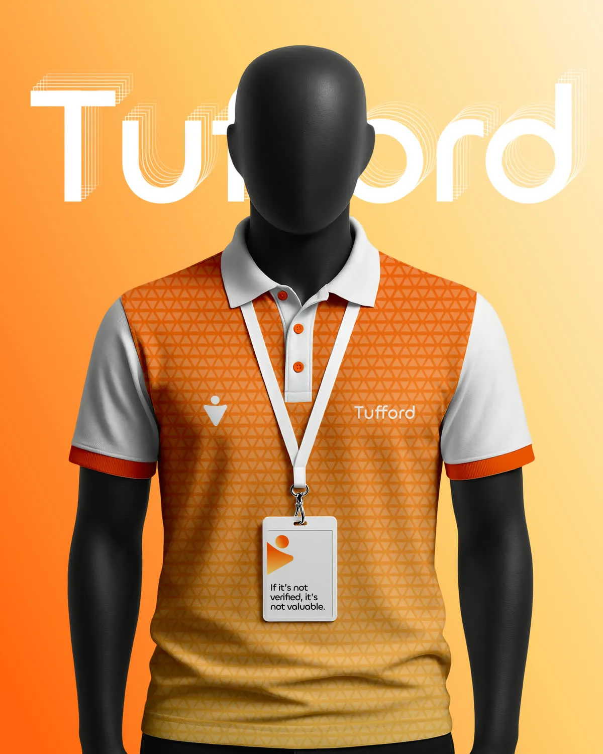 A polo shirt in the identity pattern with a Tufford lanyard, under the wordmark