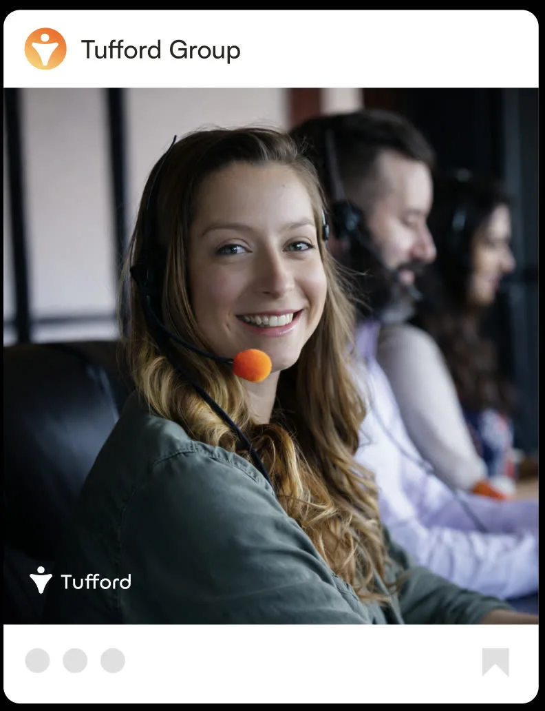 A Tufford Group social post: a woman on a headset in a call room turning to camera, the Tufford mark in the corner of the picture