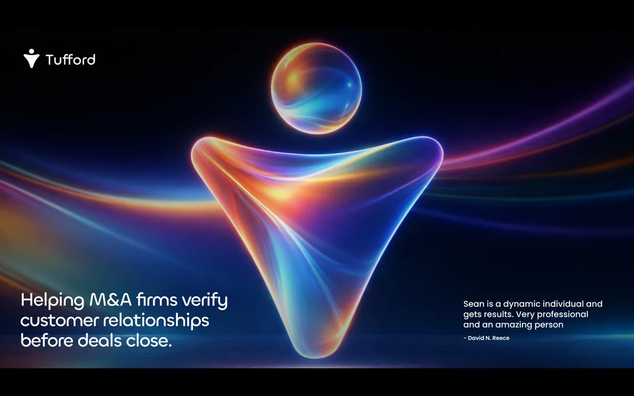 The Tufford key visual, a glass figure on black under the line Helping M and A firms verify customer relationships before deals close