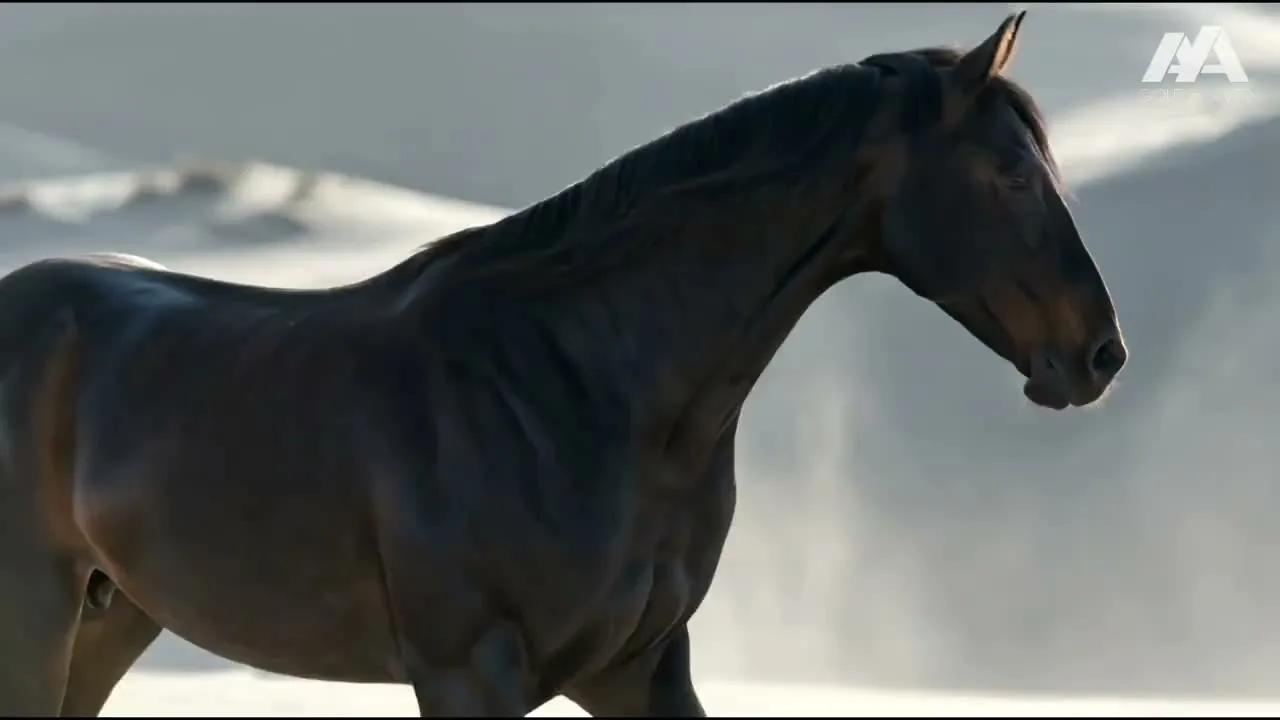 A dark horse standing on a white dune, turning its head, muted