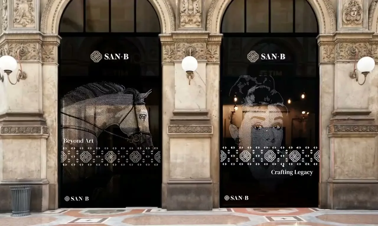 Two arched shop windows with the stallion and Audrey Hepburn in crystal, the camera moving across them